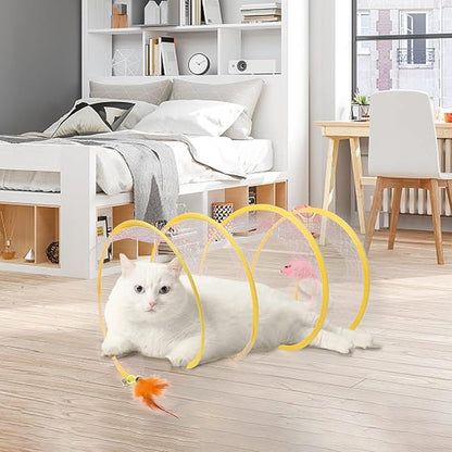 2-Pack Large Cat Tunnel Beds - Indoor & Outdoor,Kitten Collapsible Spring Tunnel Toy with Feather and Bell,Interactive Spring Toys for Cats & Kittens（Yellow）