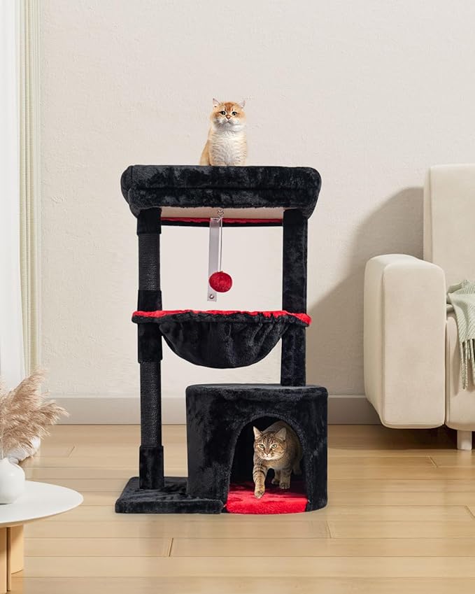 SYANDLVY Gothic Cat Tree with Coffin Bed for Indoor Cats, Small Cat Tower with Scratching Post, Modern Activity House Condo with Cradle, Kittens Cave, Black & Red