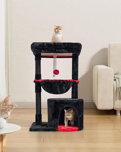 SYANDLVY Gothic Cat Tree with Coffin Bed for Indoor Cats, Small Cat Tower with Scratching Post, Modern Activity House Condo with Cradle, Kittens Cave, Black & Red