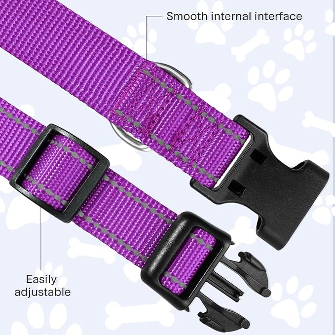 FunTags Reflective Dog Collar, Sturdy Nylon Collars for Medium Girl and Boy Dogs, Adjustable Dog Collar with Quick Release Buckle, Purple