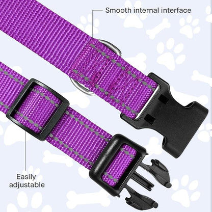 FunTags Reflective Dog Collar, Sturdy Nylon Collars for Large Girl and Boy Dogs, Adjustable Dog Collar with Quick Release Buckle, Purple