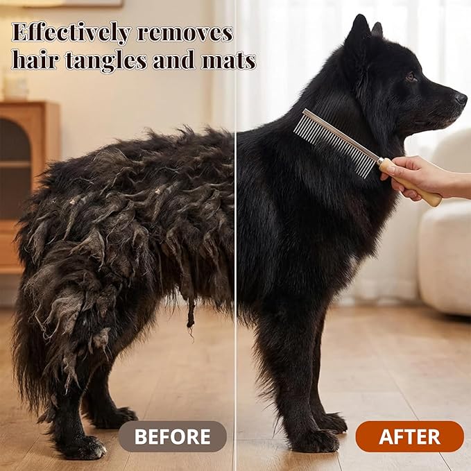 Pet Comb - Stainless Steel Teeth and Wooden Handle - Detangling and Smoothing Tool for Long and Short Hair Dogs and Cats