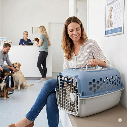 Portable Double Door Plastic Pet Carrier for Dogs & Cats - 24" Durable Ventilated Kennel with Top Loading, Airline Approved, Foldable Design for Travel & Vet Visits