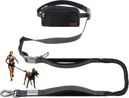 Hands Free Dog Leash with Zipper Pouch, Double Handle Running Reflective Bungee Waist Leash for Dog Walking, Training and Hiking for Small Medium Large Dogs (Black)