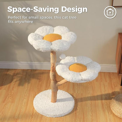 Wood Flower Cat Tree, Modern Cat Tower with Real Wood Branches, Luxury Boho Furniture with Scratching Post and 2 Perches, Cat Climbing Tower for Indoor Cats, Cloud White