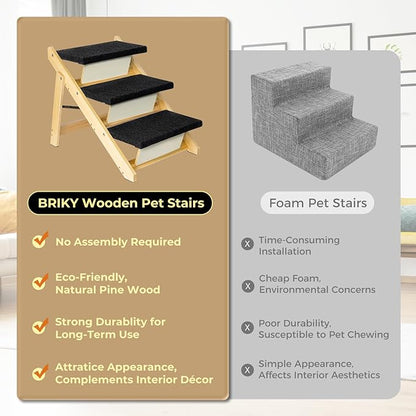 BRIKY 19.5" H Dog Stairs for Small Dogs, Non-Silp Wooden Dog Steps for Bed and Couch, Foldable 3-Step Pet Stairs for Medium Dogs and Old Cats, No Assembly Required