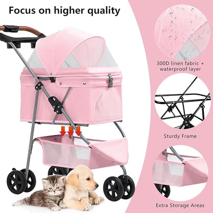 Pet Stroller for Small/Medium Dogs and Cats, Foldable 3 Wheel Jogger with One-Click Fold, Breathable Mesh, Storage Basket, Cup Holder, Weather Cover, (Pink)