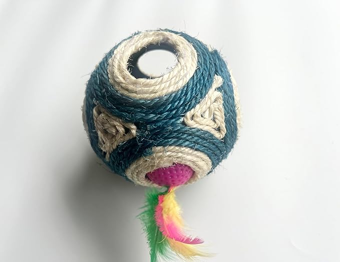 1x Hemp Ball Cat Toy,Six-Hole Hollow-Out Designed,Sisal Hemp Woven Cat Toy, Plume Bell Inside,Special Kitten Chew Toys for Indoor Cats,Interactive pet (Blue, 12cm Ball)