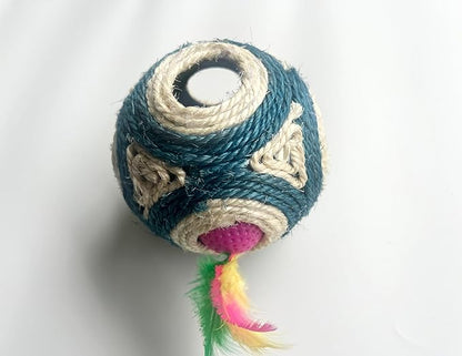 1x Hemp Ball Cat Toy,Six-Hole Hollow-Out Designed,Sisal Hemp Woven Cat Toy, Plume Bell Inside,Special Kitten Chew Toys for Indoor Cats,Interactive pet (Blue, 12cm Ball)