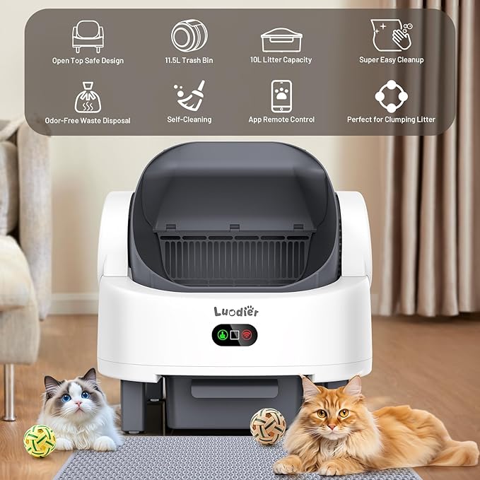 Automatic Cat Litter Box, Electric Large Open-Top Self Cleaning Litter Box for Multiple Cats, Smart APP Control, Multiple Safety Sensors, 1 Rolls Bags & 1 Mat, Arenero para Gatos Autolimpiable White