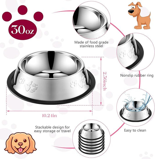 Tanlade 8 Pack Stainless Steel Dog Bowls Metal with Rubber Base Non-Slip Pets Puppy Cats Feeding Food and Water Bowls Dishwasher-Safe for Indoor Small Medium Large Dogs Cats Kitten Rabbit(30 oz)