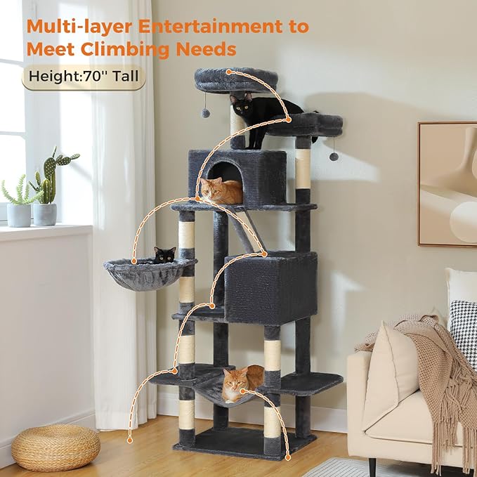 70.8" Tall Cat Tree for Large Cats, Multi-Level Cat Tower with 8 Sisal Scratching Posts, 2 Top Perches, Big Condo, Large Hammock, and Cat Furniture for Indoor Cats, Dark Gray