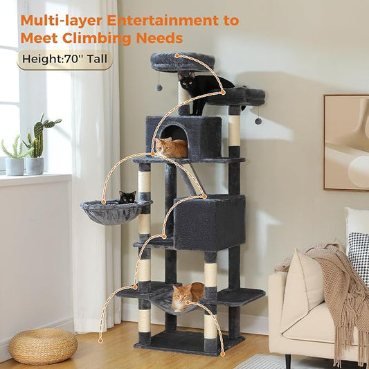 70.8" Tall Cat Tree for Large Cats, Multi-Level Cat Tower with 8 Sisal Scratching Posts, 2 Top Perches, Big Condo, Large Hammock, and Cat Furniture for Indoor Cats, Dark Gray
