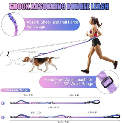 Heavy Duty Hands Free Dog Leash, 5-7 FT Reflective Adjustable Waist Dog Leash Belt with Padded Handles, Shock Absorbing Bungee and Car Seat Belt for Large Medium Dogs (Purple Blue, XL)