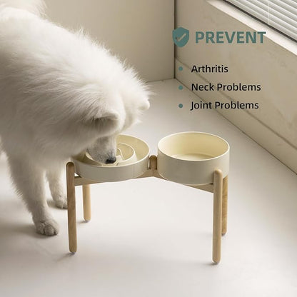 3.2 Cup Ceramic Raised Slow Feeder Dog Bowl Set, Elevated 8.2inch Bowl and 9.5inch Puzzle Slow Food Dish with Wooden Stand for Large Dog, Anti-Gulping (2 xLight Yellow+ Stand)