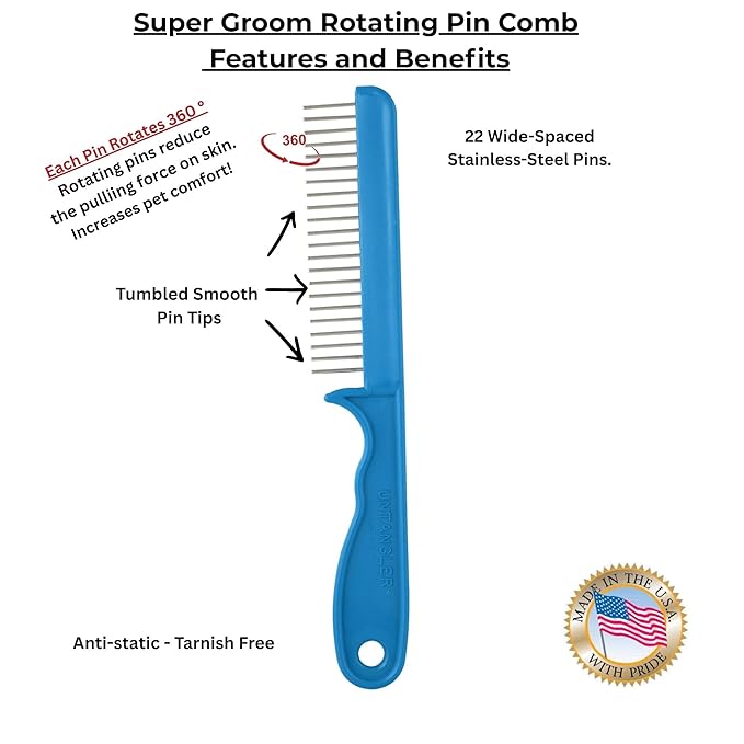 Super-Groom Combs with Smooth Rotating Teeth for Painless Mat Removal (Turquoise, 30 Fine Spaced-Teeth)