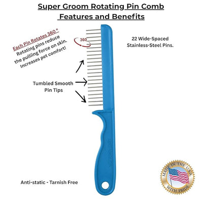 Super-Groom Combs with Smooth Rotating Teeth for Painless Mat Removal (Turquoise, 30 Fine Spaced-Teeth)