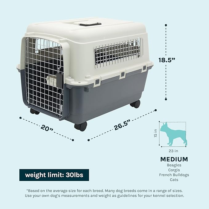 SportPet Airline Compliant MEDIUM 24.25" Travel Dog Kennel-Durable Plastic Airline Pet Carrier w/Removable Wheels & Food Bowls, Collapsible Indoor/Outdoor Dog Kennel, Dogs up to 23"L & 15"H-Cream/Gray