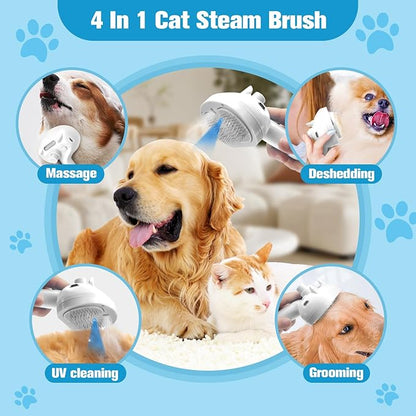 Steam Brush for Cats,4 in 1 Cat Steam Brush Self-Cleaning Slicker Brushes for Dogs,Pet Spary Hair Removal Comb for Grooming Massage,Recharegable Cat Dog Brush Used for Long&Short Haired Dogs White