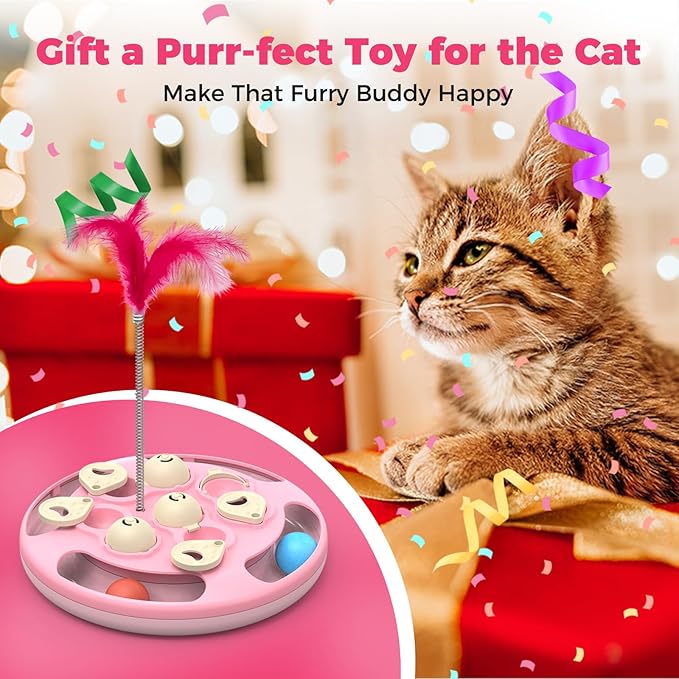 Cat Puzzle Toys Games Level 3 in 1 with Track Balls, Feather Teaser & Treat Feeder | Non-Slip Base | Mental Stimulation Enrichment for Indoor Cats | Kitty Gift, Pink