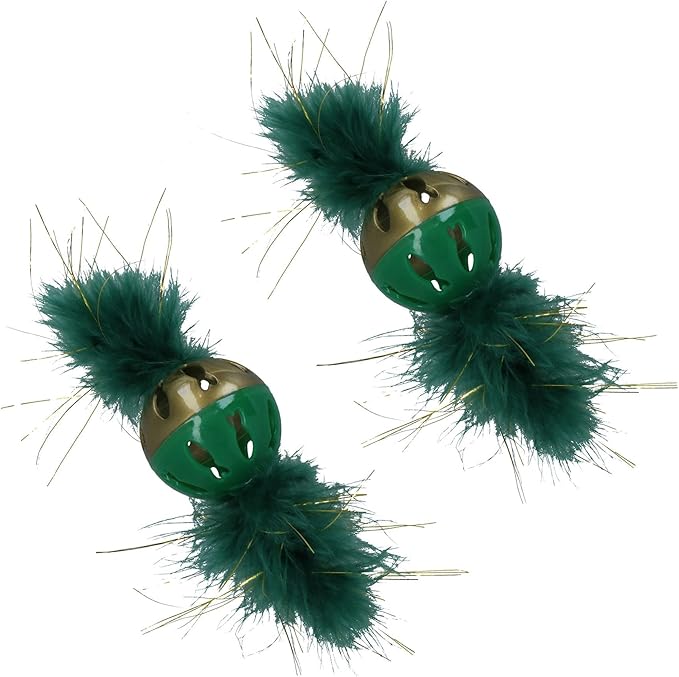 2PK Cat Kitten Christmas Magical Forest Feather Ball Festive Feline Play Toy