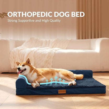 Patas Lague Orthopedic Dog Bed Large Sized Dog 36''X24'', Waterproof L Bolster Medium Pet Sofa Beds with Removable Washable Cover, Soft Comfortable Pet Couch Crate Mat with Nonskid Bottom, Navy Blue