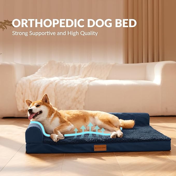 Patas Lague Orthopedic Dog Bed Medium Size Dog 30''X20'', Waterproof L Bolster Medium Pet Sofa Beds with Removable Washable Cover, Soft Comfortable Pet Couch Crate Mat with Nonskid Bottom, Navy Blue