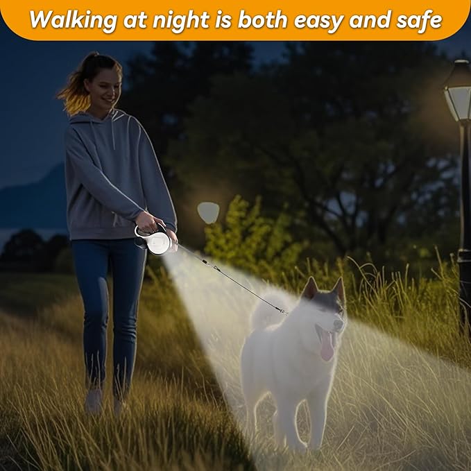 26ft Heavy Duty Retractable Dog Leash for Large Dogs, Dog Leash with Poop Bag Holder, Up to 100lbs, with LED Light, Chew Proof Cable, One-Handed Pause & Lock, 360° No Tangle. (White, 26Ft)
