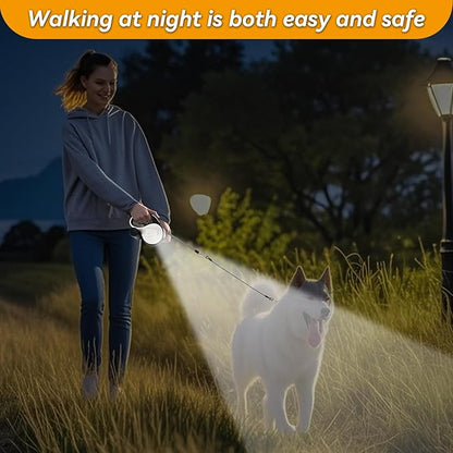 26ft Heavy Duty Retractable Dog Leash for Large Dogs, Dog Leash with Poop Bag Holder, Up to 100lbs, with LED Light, Chew Proof Cable, One-Handed Pause & Lock, 360° No Tangle. (White, 26Ft)