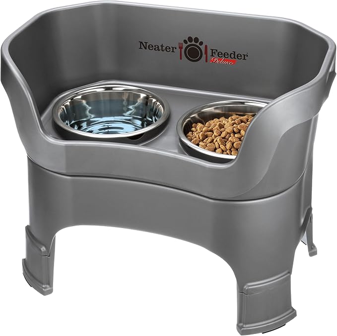 Neater Feeder Deluxe Mess-Proof Elevated Dog Bowls for Large Dogs (40+ lbs), 2 Height Adjustable (14.5” & 17.5”) No-Spill Raised Dog Bowl Stand, Stainless Steel Food Bowl Set, Made in USA, Grey