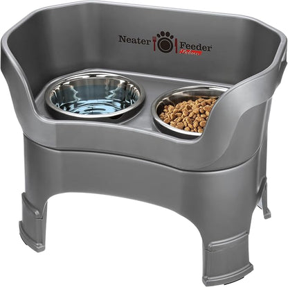 Neater Feeder Deluxe Mess-Proof Elevated Dog Bowls for Large Dogs (40+ lbs), 2 Height Adjustable (14.5” & 17.5”) No-Spill Raised Dog Bowl Stand, Stainless Steel Food Bowl Set, Made in USA, Grey