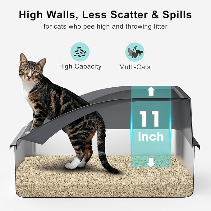 2 Pack Stainless Steel Litter Box | XL Enclosed Cat Litter Boxes with Lid for Big Cats and Multi-Cats | High Sided, Anti-Urine Leakage | Non-Stick Bottom（Dark Gray）