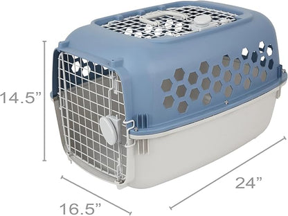 Heavy Duty Plastic Pet Carrier for Dogs & Cats up to 30 lbs, with Two Door Openings, Secure Latch, Ventilation Grilles, Medium Size (24" L x 16.5" W x 14.5" H), Blue