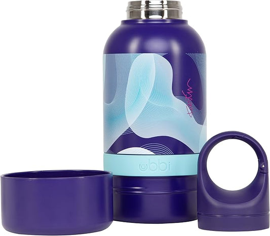 Ubbi Pet x Karim Rashid Pup & Me Insulated Dog Water Bottle with Detachable Bowl, 32 oz Stainless Steel Portable Travel Bottle for Dogs and Owners, Purple