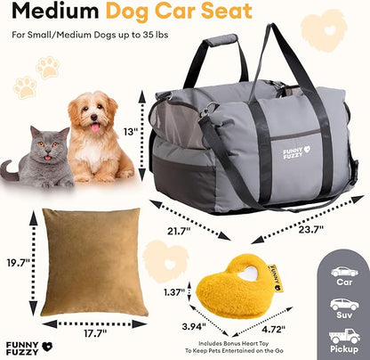 FUNNY FUZZY Waterproof Dog Car Seat for Small & Medium Dogs Up to 35lbs, Detachable & Washable Pet Booster Seat with Leash, Thick Cushion, Storage Pockets & Adjustable Straps (Grey)