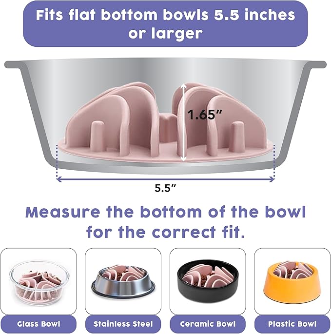 Awoo Great Vibes - Silicone Slow Feeder for Dog Bowls Over 5.5 Inches - Non-Slip, Wet and Dry Food-Compatible Pet Dish with Suction Cups - Extends Mealtime for Fast Eaters - Dishwasher Safe (Mauve)