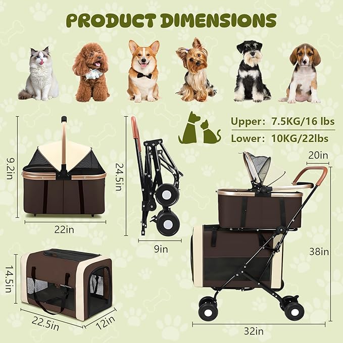 Double Pet Stroller for Dogs and Cats, One-Step Folding Dog Stroller Travel Carriage for Small Medium Dogs Cats, 2 Detachable Carrier Bags, 4 Lockable Wheels (Brown)