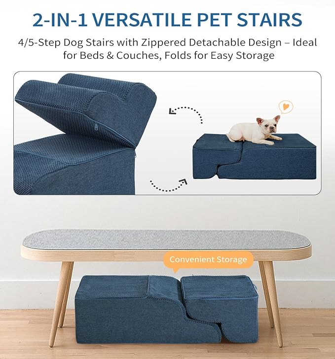 Made4Pets Dog Stairs Ramp for High Bed 22.8" H, 5-Step Pet Stairs for Bed Couch Sofa Climbing, 35D Foam Pet Steps for Small Dogs and Cats, Non-Slip Bottom Dog Steps, Navy