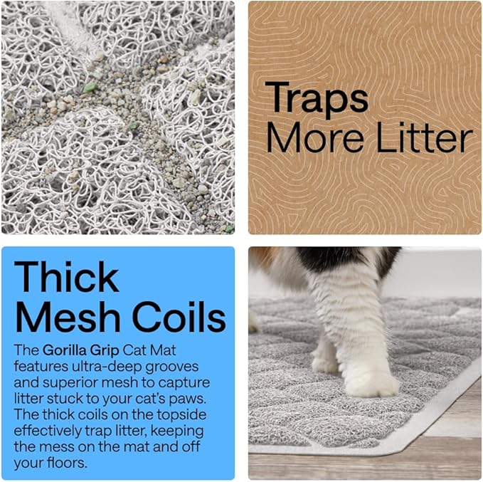 GORILLA GRIP Cat Litter Box Mat, 35x23, Cushioned Coil Mesh Litter Trapping Mats, Scatter Control Supplies for Less Mess, Phthalate Free, Ultra Deep Catch Grooves, Rinse or Vacuum to Clean, Light Gray