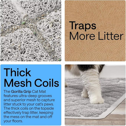 GORILLA GRIP Cat Litter Box Mat, 35x23, Cushioned Coil Mesh Litter Trapping Mats, Scatter Control Supplies for Less Mess, Phthalate Free, Ultra Deep Catch Grooves, Rinse or Vacuum to Clean, Light Gray