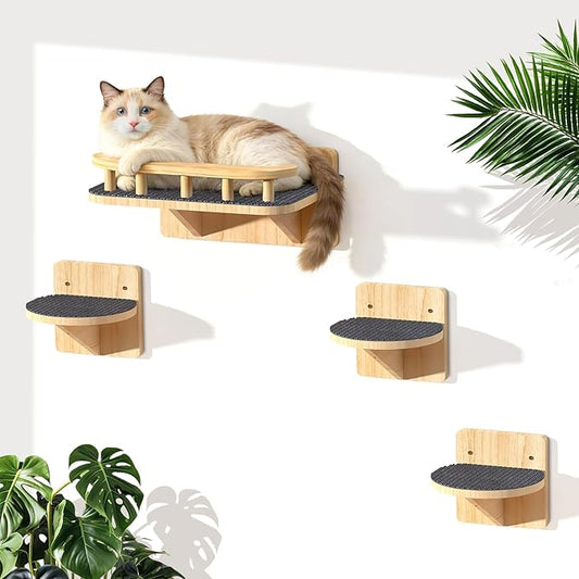 Cat Wall Shelves with 3 Steps, Floating Cat Shelves for Wall with Wide Perch, Modern Wood Wall Mounted Furniture up to 15lbs, Climber Shelf for Small/Medium Cats Sleeping,Jumping, Playing