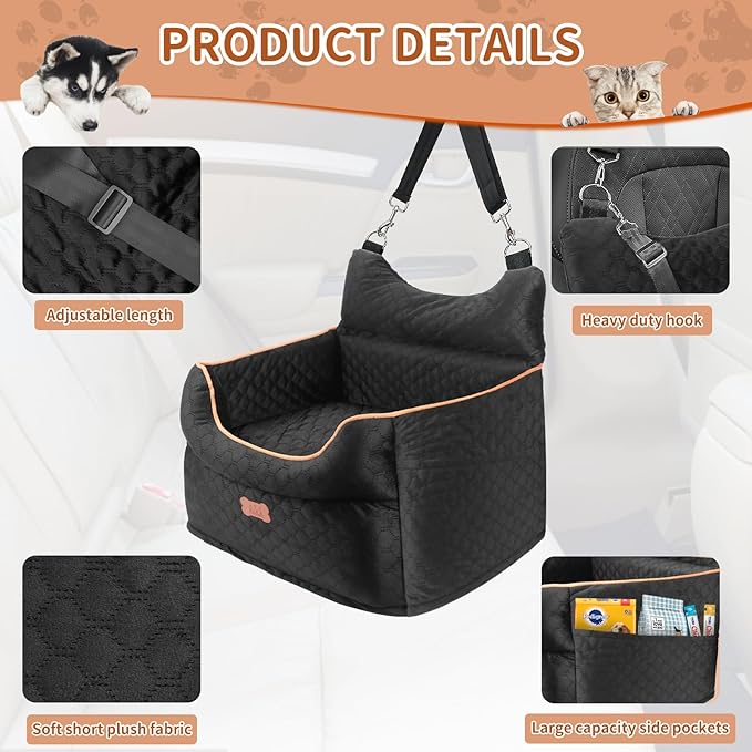 Dog Car Seat - Memory Foam Dog Booster Seats for Small Dogs Up to 25lbs-Elevated Pet Car Seat with Storage Pockets and Dogs Seat Belt-Pet Travel Bed for Front & Back Seats-Removable Washable-Black