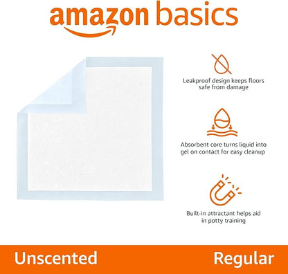 Amazon Basics Leak-Proof Dog and Puppy Potty Training Pee Pads with Quick-Dry 5-Layer Super Absorbent Design for Housebreaking, Regular Size 22x22", Blue & White, 150 Count