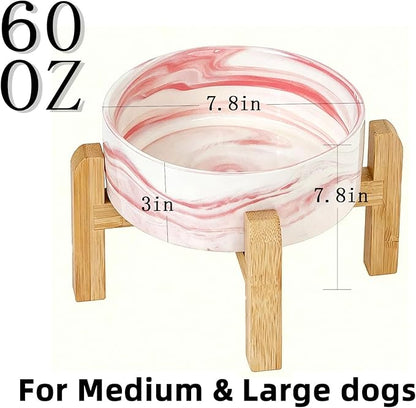 Elevated/Raised Ceramic Dog Bowl with Bamboo Stand,Marble Pattern 7 Inch 7.6 Cups Non Slip Heavy Weighted Single Pet Dish,Anti Tipping,Reduces Neck Strain Marble Pink