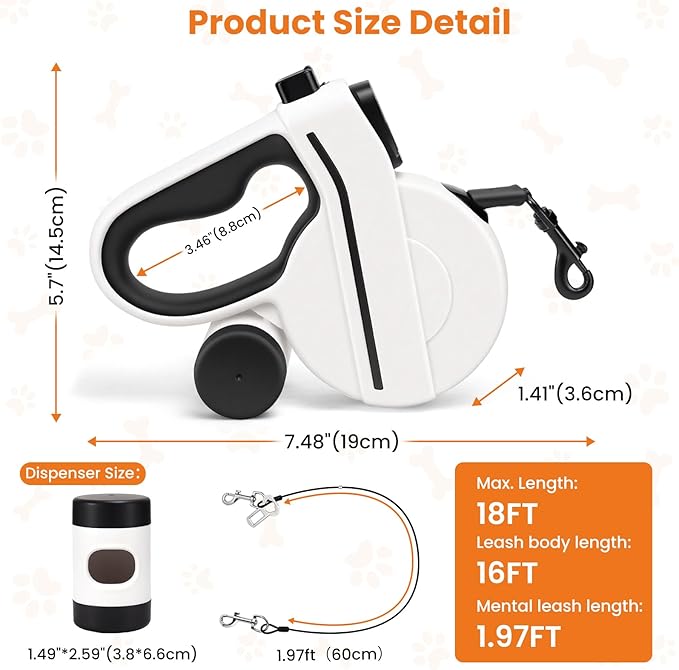 Retractable Dog Leash with Light USB Charged LED & Reflective Tape, 16FT Flexi Dog Leash for Large Dogs, Tangle-Free Pet Lead with Poop Bag Holder, Night Safety, Black