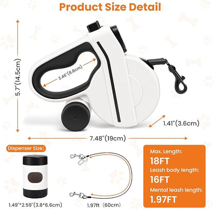 Retractable Dog Leash with Light USB Charged LED & Reflective Tape, 16FT Flexi Dog Leash for Large Dogs, Tangle-Free Pet Lead with Poop Bag Holder, Night Safety, Black