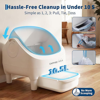 Self Cleaning Litter Box, Automatic Cat Litter Box with APP Control, Odor-Free Waste Disposal Includes Trash Bags, Large Waste Bin, Open-Top, for Multiple Cats, White