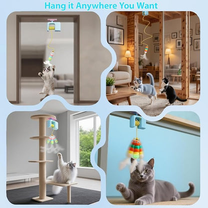 Interactive Cat Toy for Indoor Cats Adult Kitten, Automatic Door Hanging Cat Toy with Feathers and Bells for Door Frame Wall Ceiling, Self Play Retractable Cat Enrichment Toy for Bored Cats