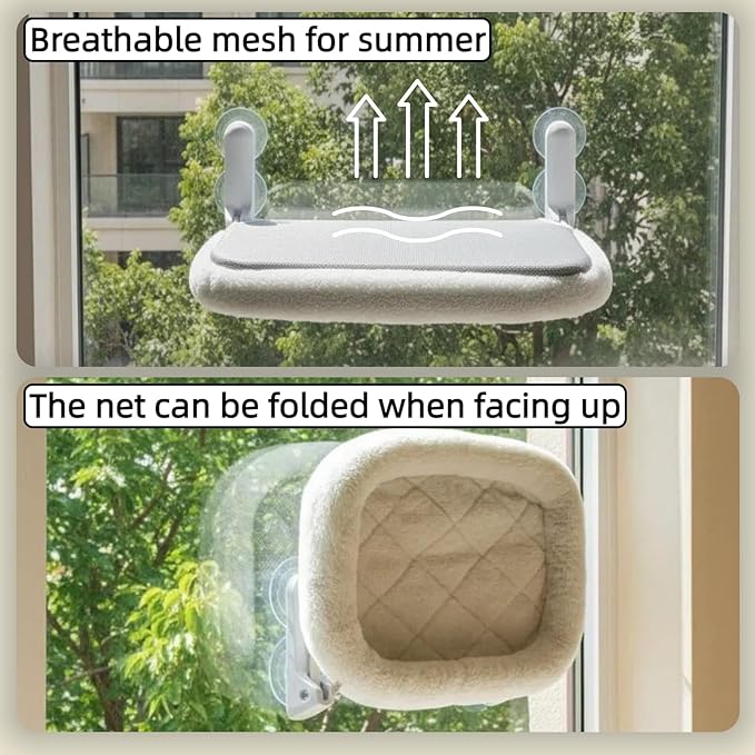 Cat Window Perch with Suction Cups- Cordless,Ultra Soft Machine Washable Bed with 4-Sided Bolster, Strong Hold for Large Cats up to 40lbs Window Hammock for Large Cats and Kittens(Gery,M)