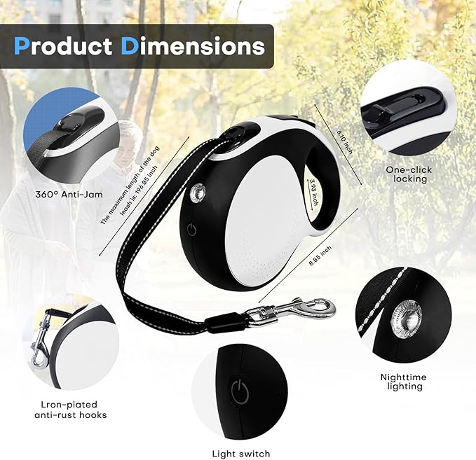 Retractable dog leash with chew-proof cord and LED flashlight, 16-ft heavy-duty dog leash, suitable for Small/medium dogs weighing up to 110 pounds, reflective rope, 360° anti-tangling(White+16ft+LED)